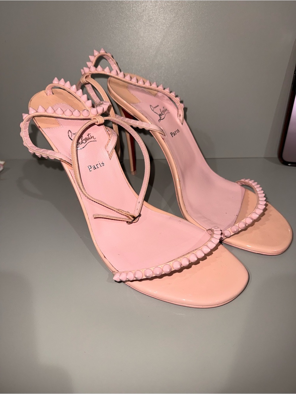 Christian Louboutin Blush Pink Spike-Trim Slingback Heels - Picture 2 of 4